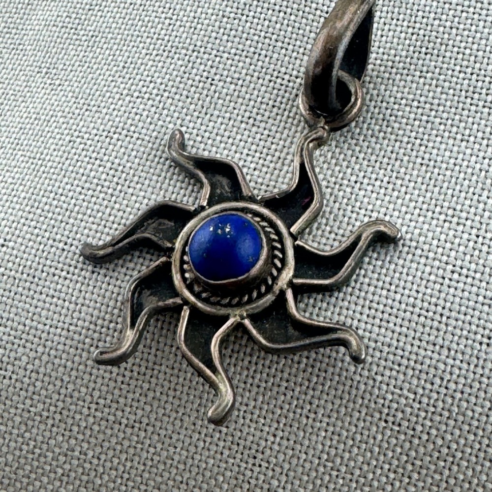 Vintage 925 Sterling Silver Lapis Lazuli Sunburst Sun Pendant Celestial Charm